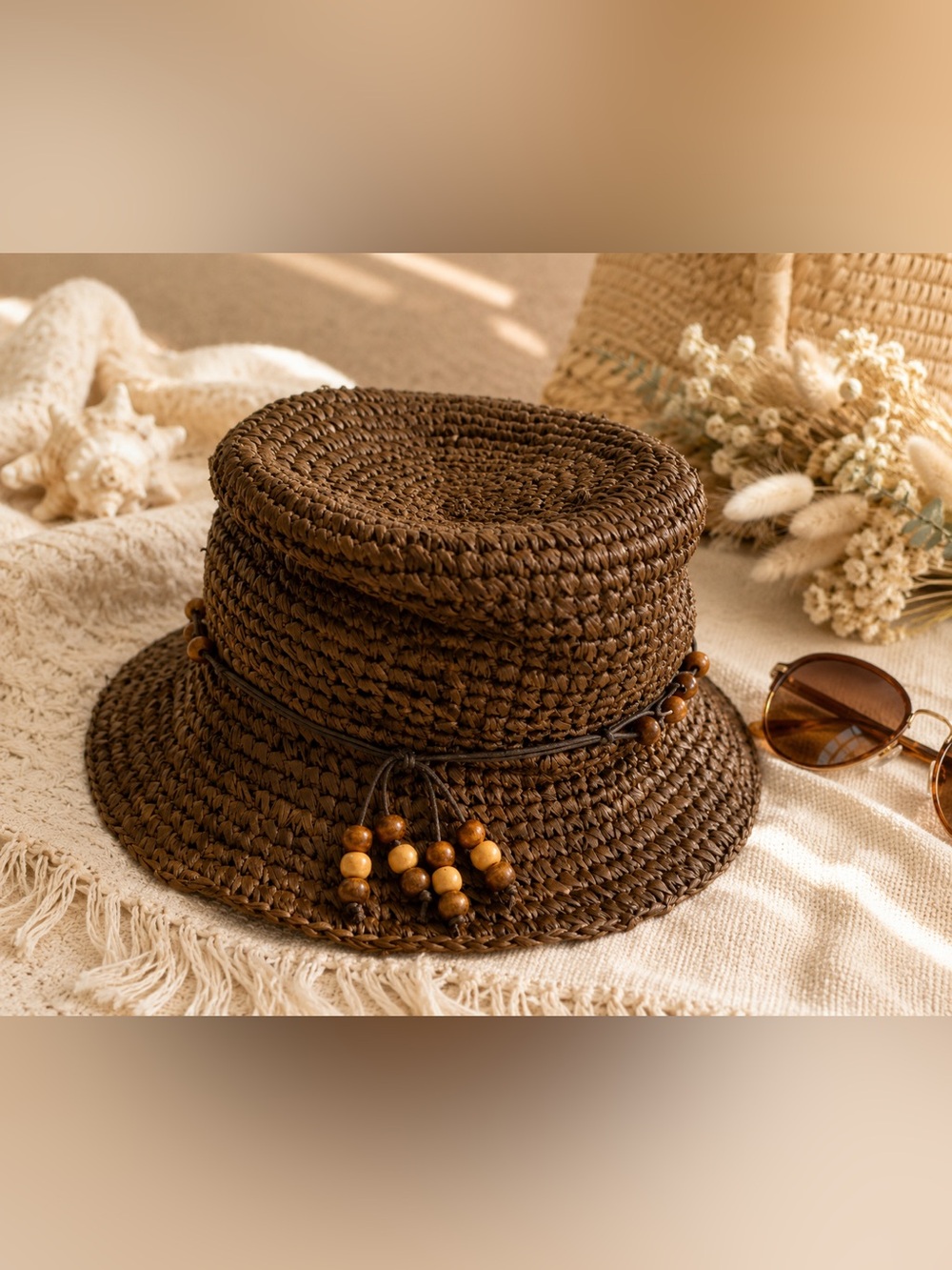 🍂 Nine West Brown Woven Straw Hat with Beaded Accent Band